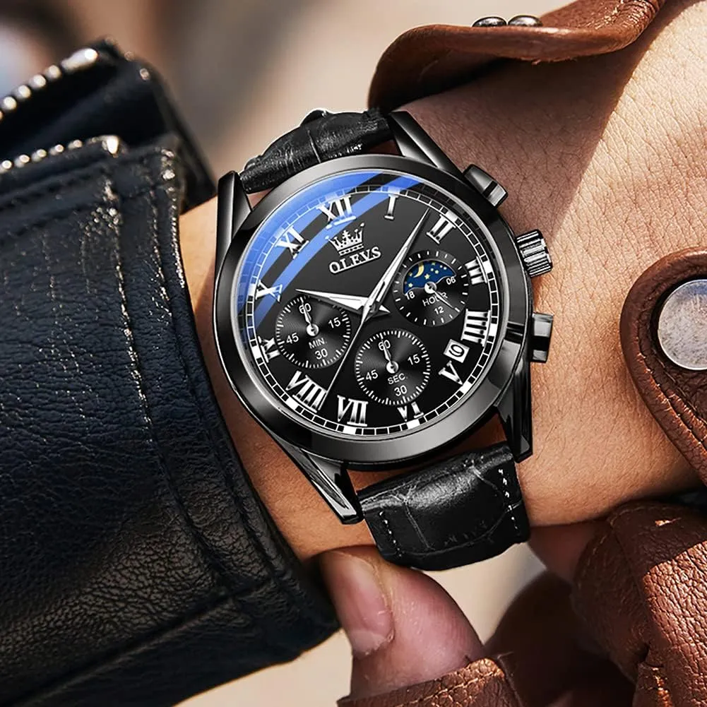 OLEVS Watches for Men Brown Leather Gold Case Analog Quartz Fashion Business Dress Watch Day Date Luminous Waterproof Casual Male Wrist Watches