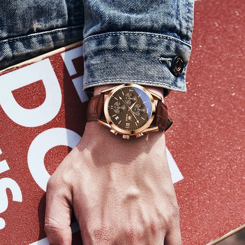 OLEVS Watches for Men Brown Leather Gold Case Analog Quartz Fashion Business Dress Watch Day Date Luminous Waterproof Casual Male Wrist Watches