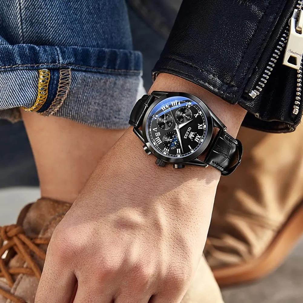 OLEVS Watches for Men Brown Leather Gold Case Analog Quartz Fashion Business Dress Watch Day Date Luminous Waterproof Casual Male Wrist Watches
