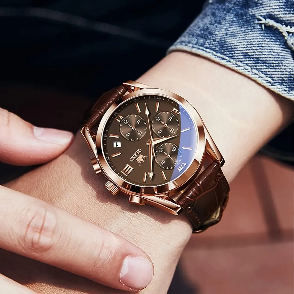 OLEVS Watches for Men Brown Leather Gold Case Analog Quartz Fashion Business Dress Watch Day Date Luminous Waterproof Casual Male Wrist Watches