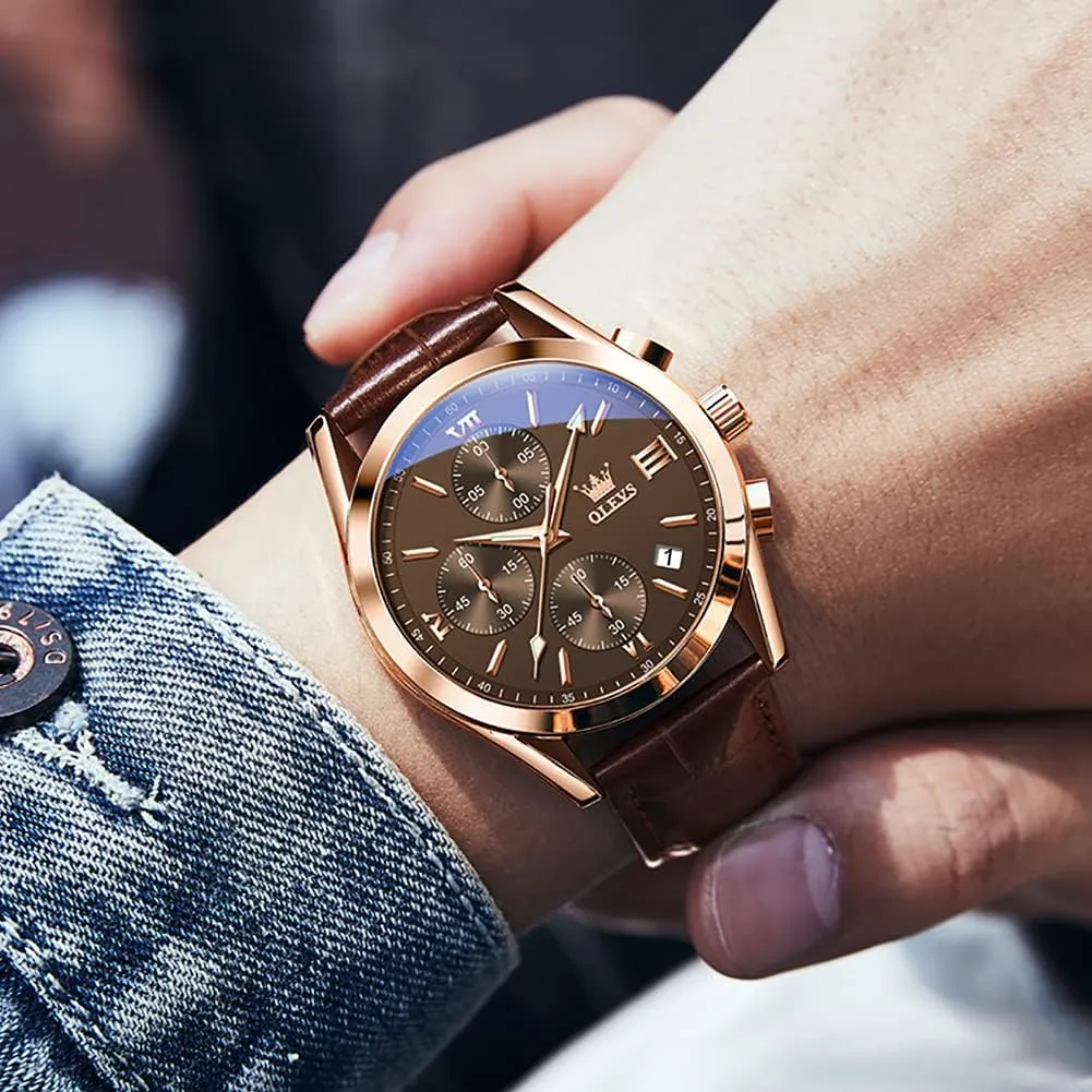 OLEVS Watches for Men Brown Leather Gold Case Analog Quartz Fashion Business Dress Watch Day Date Luminous Waterproof Casual Male Wrist Watches