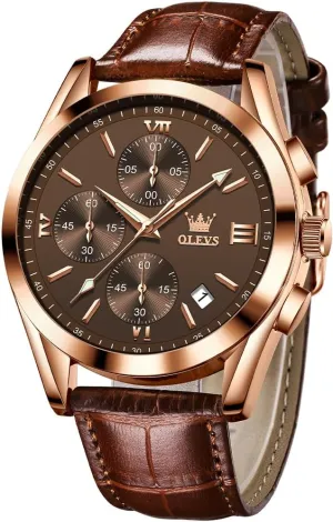 OLEVS Watches for Men Brown Leather Gold Case Analog Quartz Fashion Business Dress Watch Day Date Luminous Waterproof Casual Male Wrist Watches