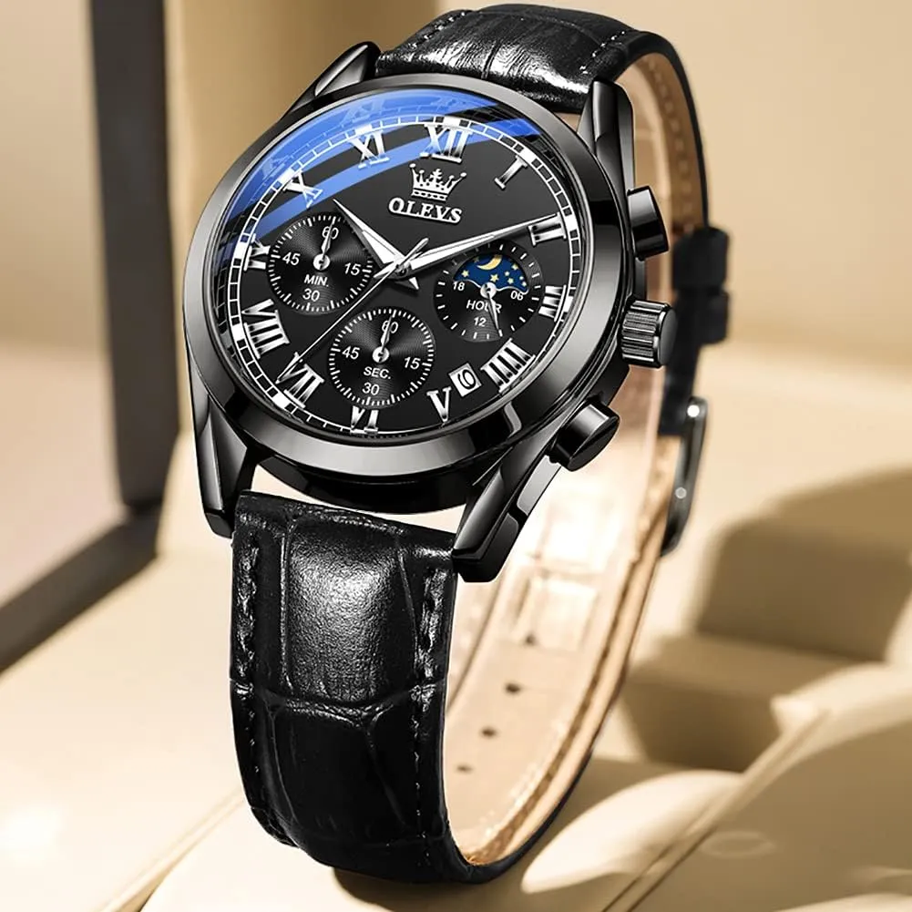 OLEVS Watches for Men Brown Leather Gold Case Analog Quartz Fashion Business Dress Watch Day Date Luminous Waterproof Casual Male Wrist Watches