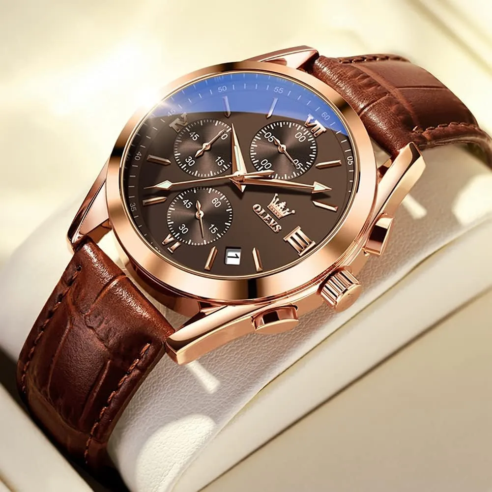 OLEVS Watches for Men Brown Leather Gold Case Analog Quartz Fashion Business Dress Watch Day Date Luminous Waterproof Casual Male Wrist Watches