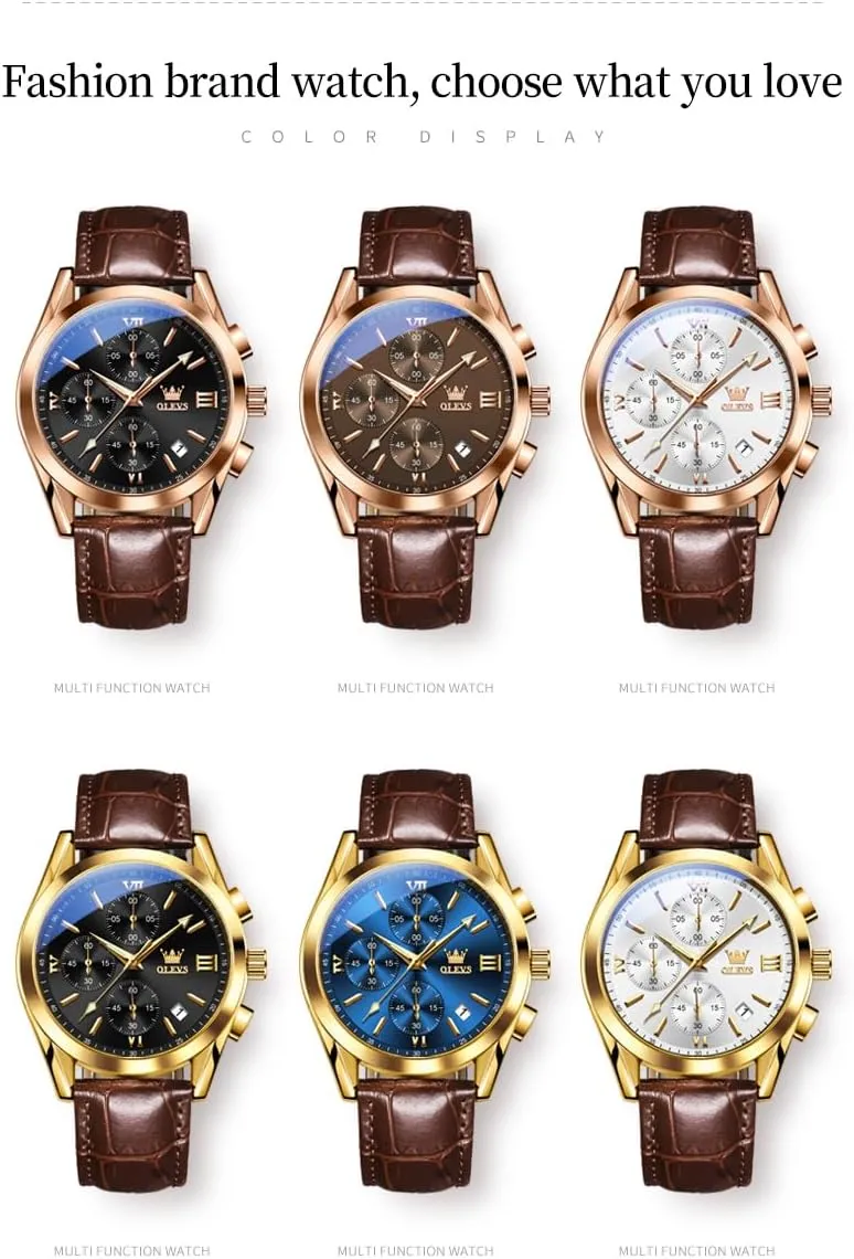 OLEVS Watches for Men Brown Leather Gold Case Analog Quartz Fashion Business Dress Watch Day Date Luminous Waterproof Casual Male Wrist Watches
