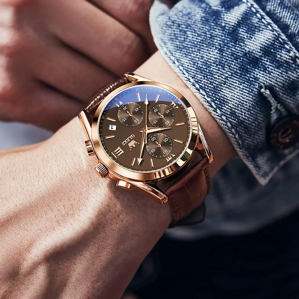 OLEVS Watches for Men Brown Leather Gold Case Analog Quartz Fashion Business Dress Watch Day Date Luminous Waterproof Casual Male Wrist Watches