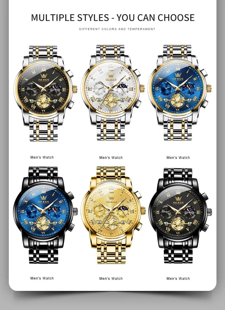 OLEVS Watches for Men with Date Luxury Big Face Waterproof Mens Wristwatch Analog Dress Two Tone Stainless Steel Man Watch Luminous Relojes De Hombre Calendar(Green/Blue/Black Dial
