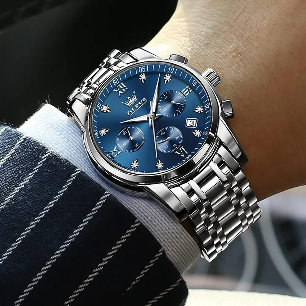 OLEVS Watches for Men with Date Luxury Big Face Waterproof Mens Wristwatch Analog Dress Two Tone Stainless Steel Man Watch Luminous Relojes De Hombre Calendar(Green/Blue/Black Dial