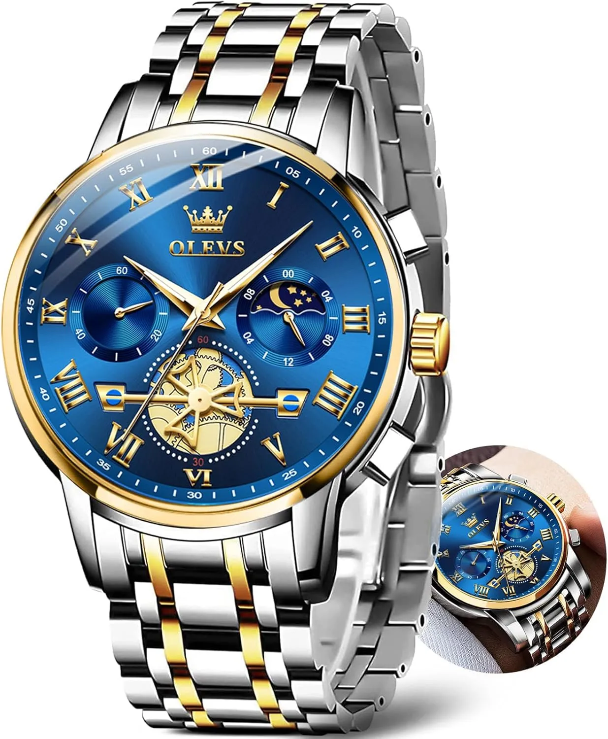 OLEVS Watches for Men with Date Luxury Big Face Waterproof Mens Wristwatch Analog Dress Two Tone Stainless Steel Man Watch Luminous Relojes De Hombre Calendar(Green/Blue/Black Dial