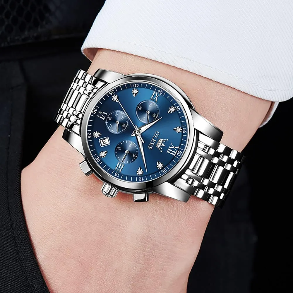 OLEVS Watches for Men with Date Luxury Big Face Waterproof Mens Wristwatch Analog Dress Two Tone Stainless Steel Man Watch Luminous Relojes De Hombre Calendar(Green/Blue/Black Dial