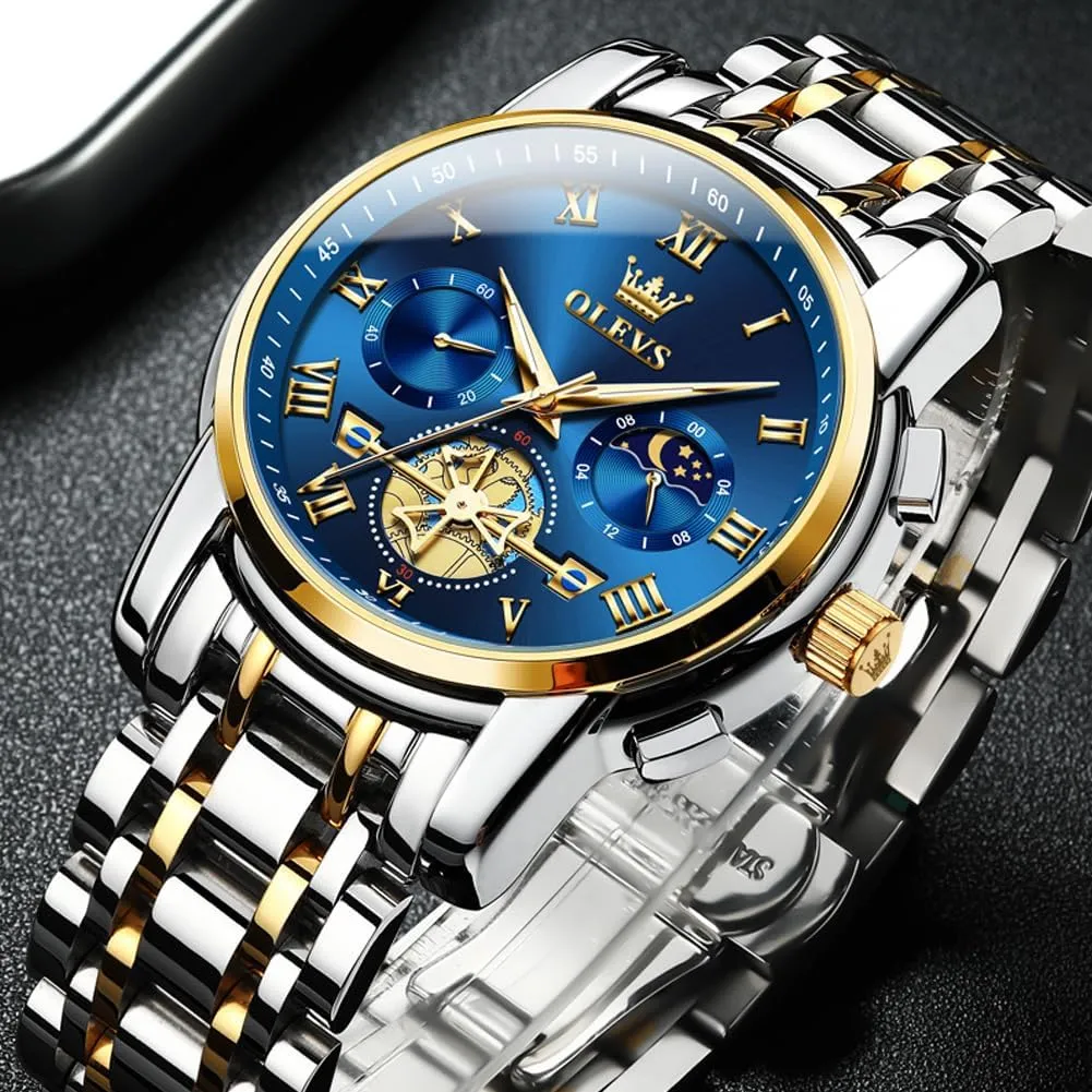 OLEVS Watches for Men with Date Luxury Big Face Waterproof Mens Wristwatch Analog Dress Two Tone Stainless Steel Man Watch Luminous Relojes De Hombre Calendar(Green/Blue/Black Dial