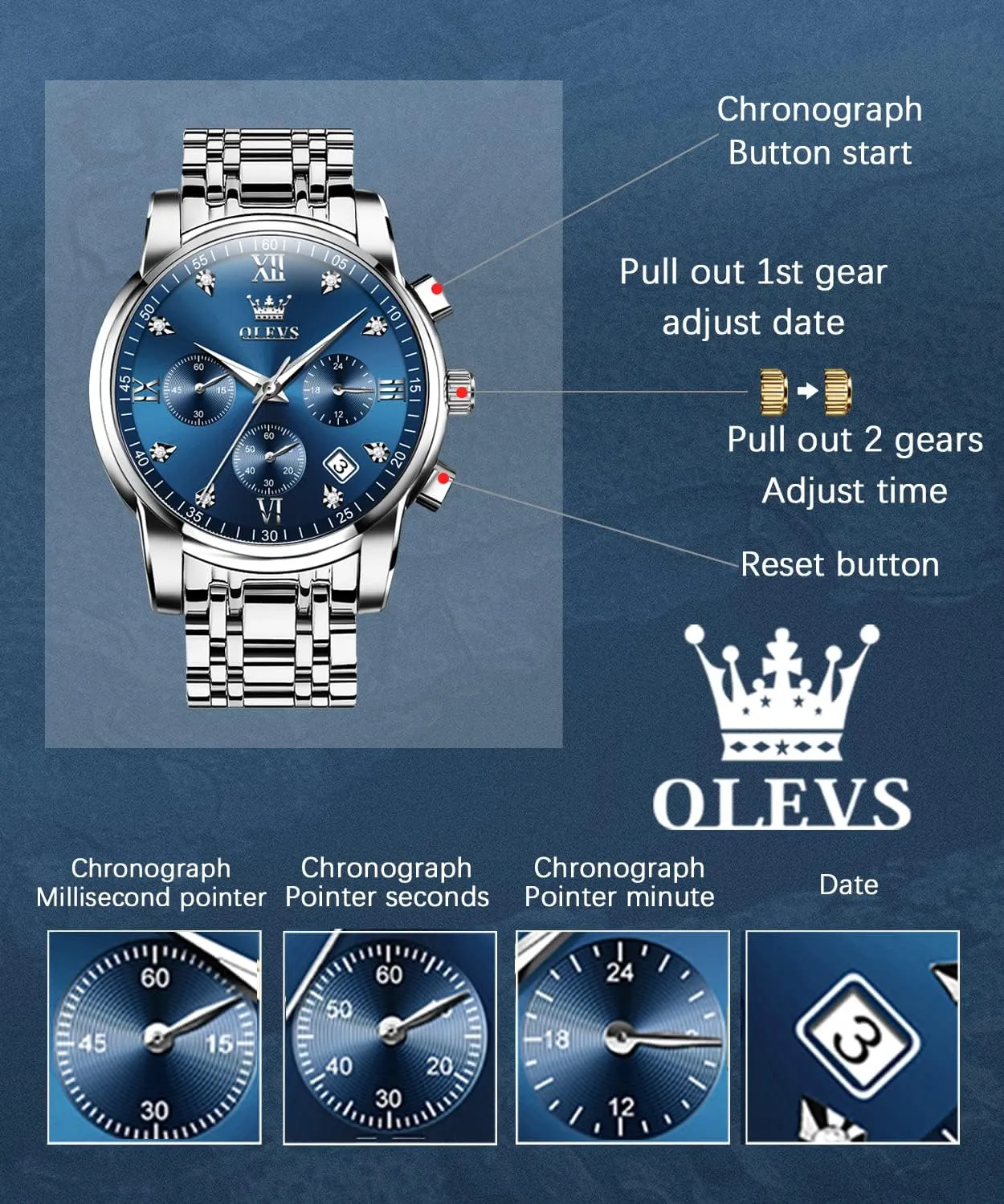 OLEVS Watches for Men with Date Luxury Big Face Waterproof Mens Wristwatch Analog Dress Two Tone Stainless Steel Man Watch Luminous Relojes De Hombre Calendar(Green/Blue/Black Dial