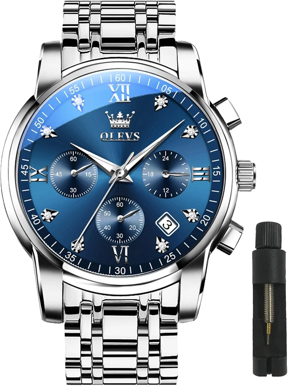 OLEVS Watches for Men with Date Luxury Big Face Waterproof Mens Wristwatch Analog Dress Two Tone Stainless Steel Man Watch Luminous Relojes De Hombre Calendar(Green/Blue/Black Dial