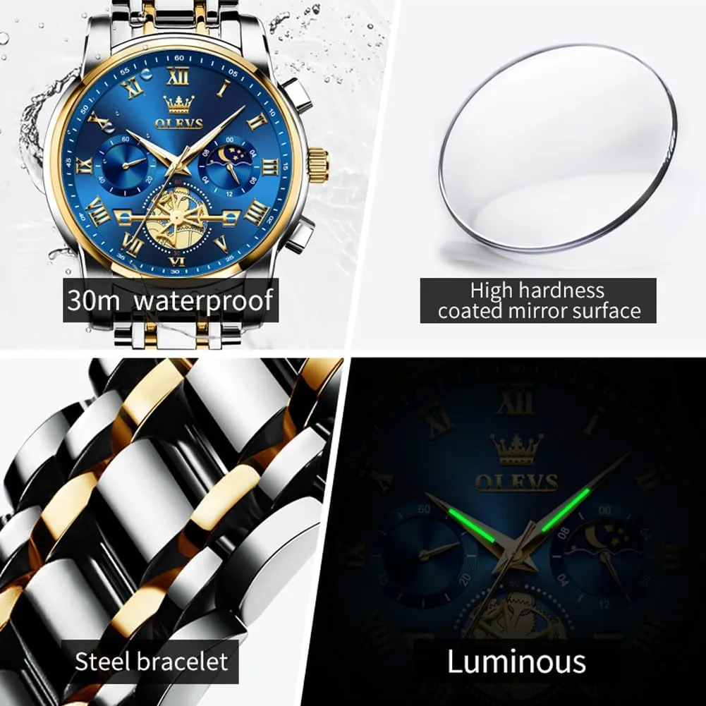 OLEVS Watches for Men with Date Luxury Big Face Waterproof Mens Wristwatch Analog Dress Two Tone Stainless Steel Man Watch Luminous Relojes De Hombre Calendar(Green/Blue/Black Dial