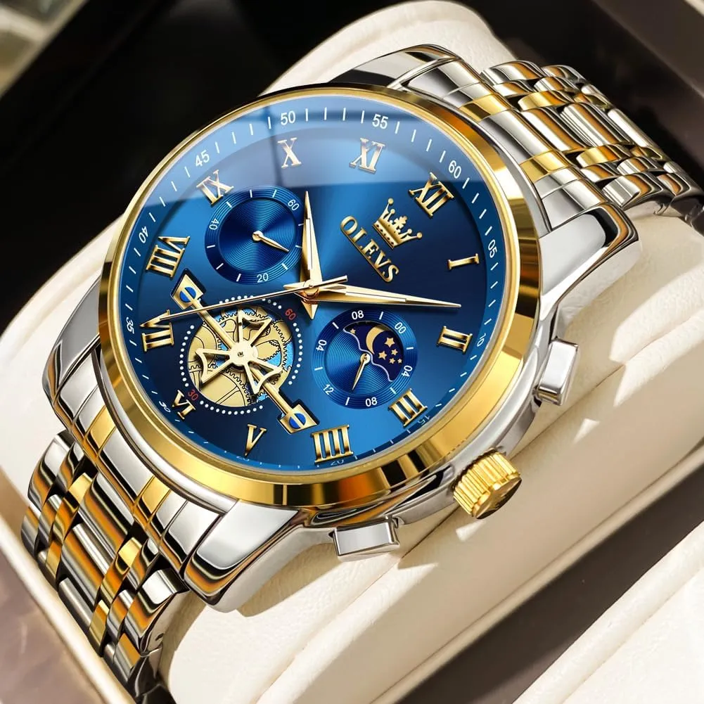 OLEVS Watches for Men with Date Luxury Big Face Waterproof Mens Wristwatch Analog Dress Two Tone Stainless Steel Man Watch Luminous Relojes De Hombre Calendar(Green/Blue/Black Dial