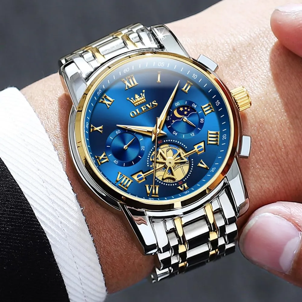 OLEVS Watches for Men with Date Luxury Big Face Waterproof Mens Wristwatch Analog Dress Two Tone Stainless Steel Man Watch Luminous Relojes De Hombre Calendar(Green/Blue/Black Dial