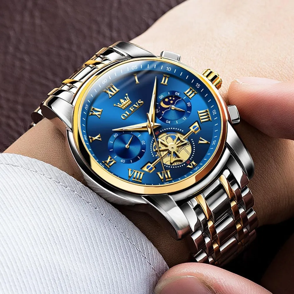 OLEVS Watches for Men with Date Luxury Big Face Waterproof Mens Wristwatch Analog Dress Two Tone Stainless Steel Man Watch Luminous Relojes De Hombre Calendar(Green/Blue/Black Dial