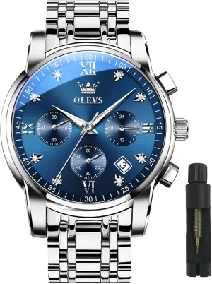 OLEVS Watches for Men with Date Luxury Big Face Waterproof Mens Wristwatch Analog Dress Two Tone Stainless Steel Man Watch Luminous Relojes De Hombre Calendar(Green/Blue/Black Dial