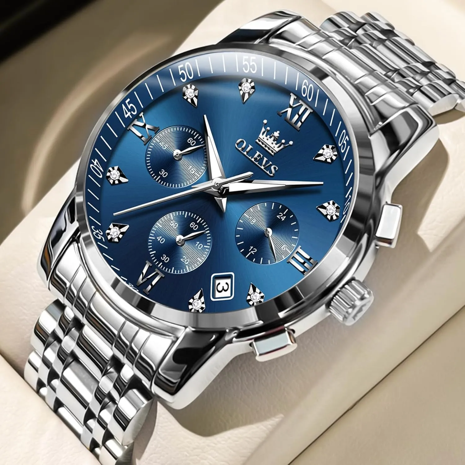 OLEVS Watches for Men with Date Luxury Big Face Waterproof Mens Wristwatch Analog Dress Two Tone Stainless Steel Man Watch Luminous Relojes De Hombre Calendar(Green/Blue/Black Dial