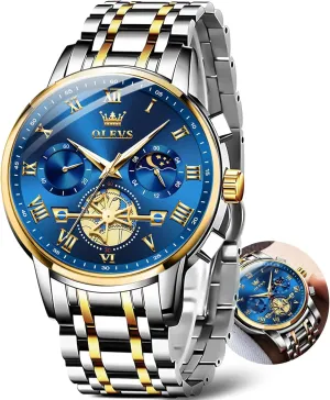 OLEVS Watches for Men with Date Luxury Big Face Waterproof Mens Wristwatch Analog Dress Two Tone Stainless Steel Man Watch Luminous Relojes De Hombre Calendar(Green/Blue/Black Dial
