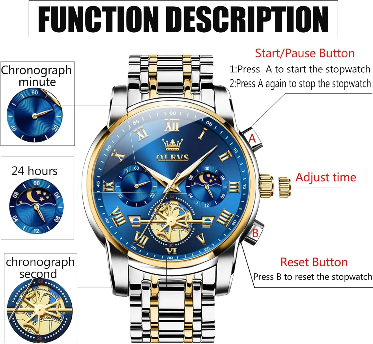 OLEVS Watches for Men with Date Luxury Big Face Waterproof Mens Wristwatch Analog Dress Two Tone Stainless Steel Man Watch Luminous Relojes De Hombre Calendar(Green/Blue/Black Dial