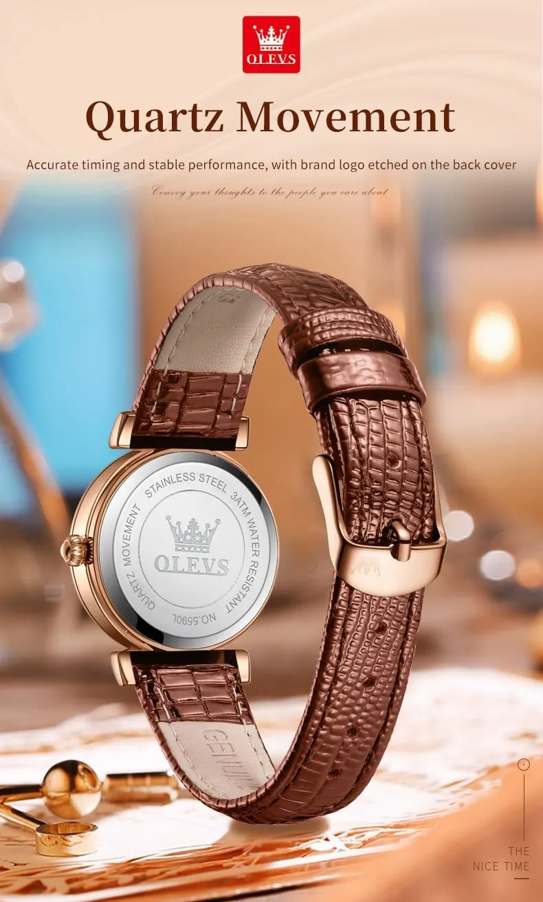 OLEVS Women Watch Brown Leather Straps Ladies Rose Gold Elegant Luxury Dress Chronograph Waterproof Wrist Watch Date Day