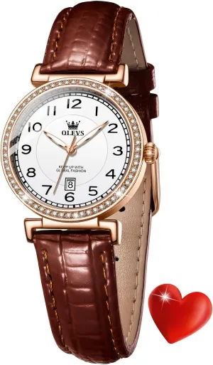 OLEVS Women Watch Brown Leather Straps Ladies Rose Gold Elegant Luxury Dress Chronograph Waterproof Wrist Watch Date Day