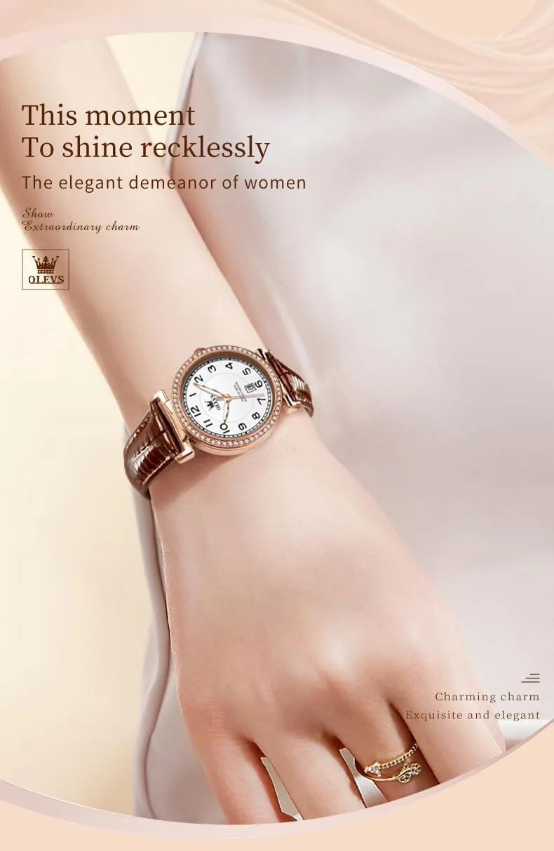 OLEVS Women Watch Brown Leather Straps Ladies Rose Gold Elegant Luxury Dress Chronograph Waterproof Wrist Watch Date Day
