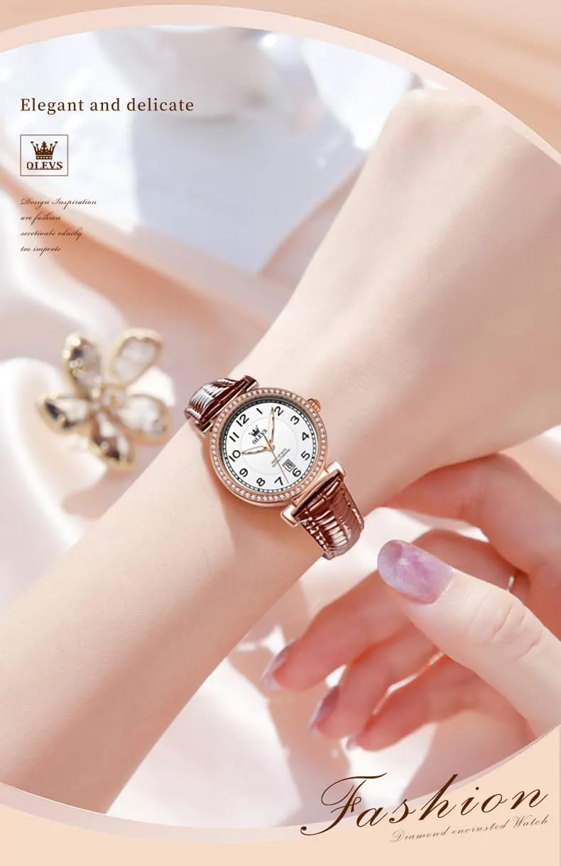 OLEVS Women Watch Brown Leather Straps Ladies Rose Gold Elegant Luxury Dress Chronograph Waterproof Wrist Watch Date Day