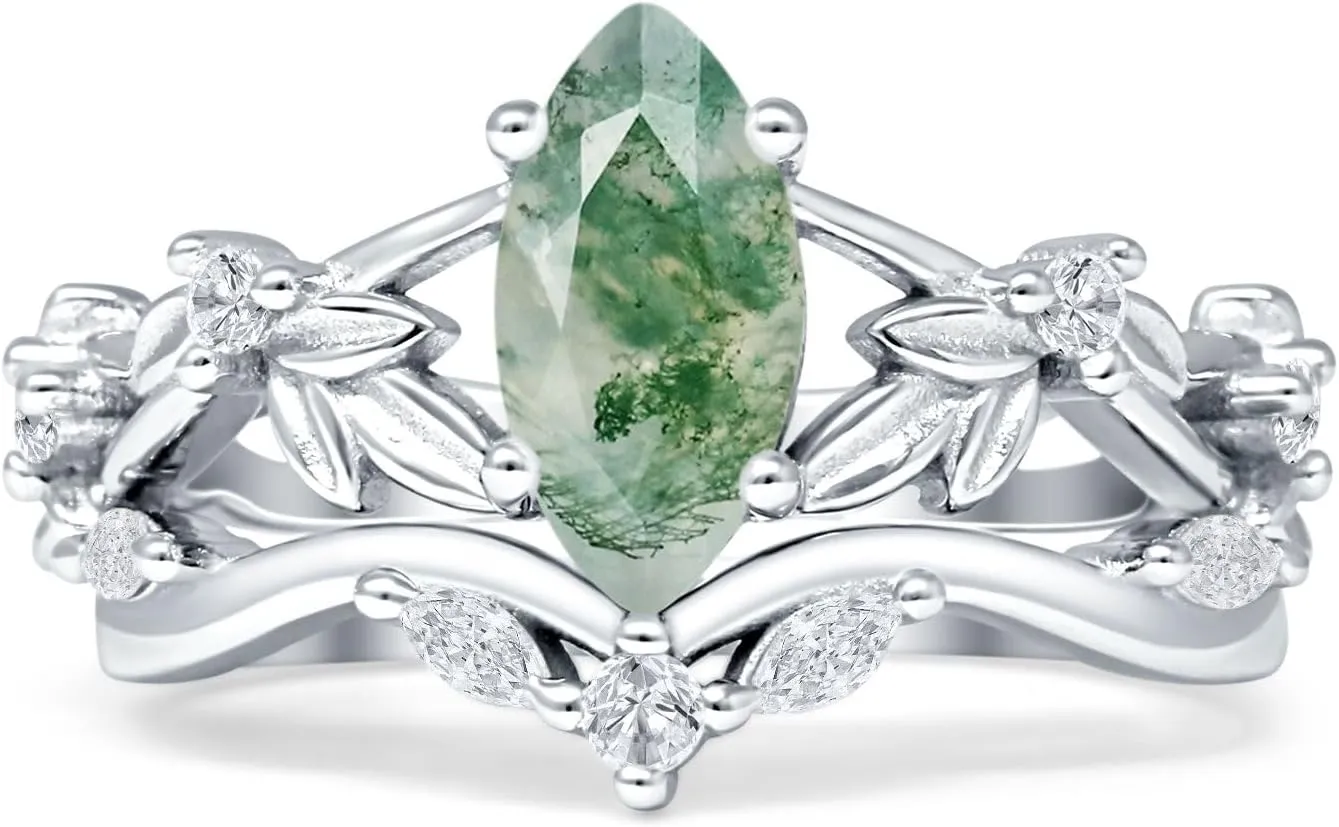 OMRANII Art Deco Marquise Natural Green Moss Agate Two Piece Vintage Style Leaf Floral Wedding Engagement Ring Solid 925 Sterling Silver