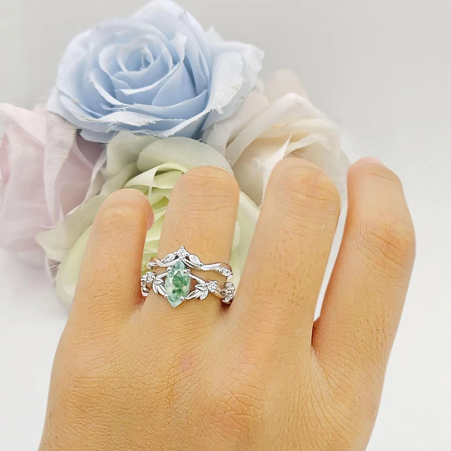 OMRANII Art Deco Marquise Natural Green Moss Agate Two Piece Vintage Style Leaf Floral Wedding Engagement Ring Solid 925 Sterling Silver