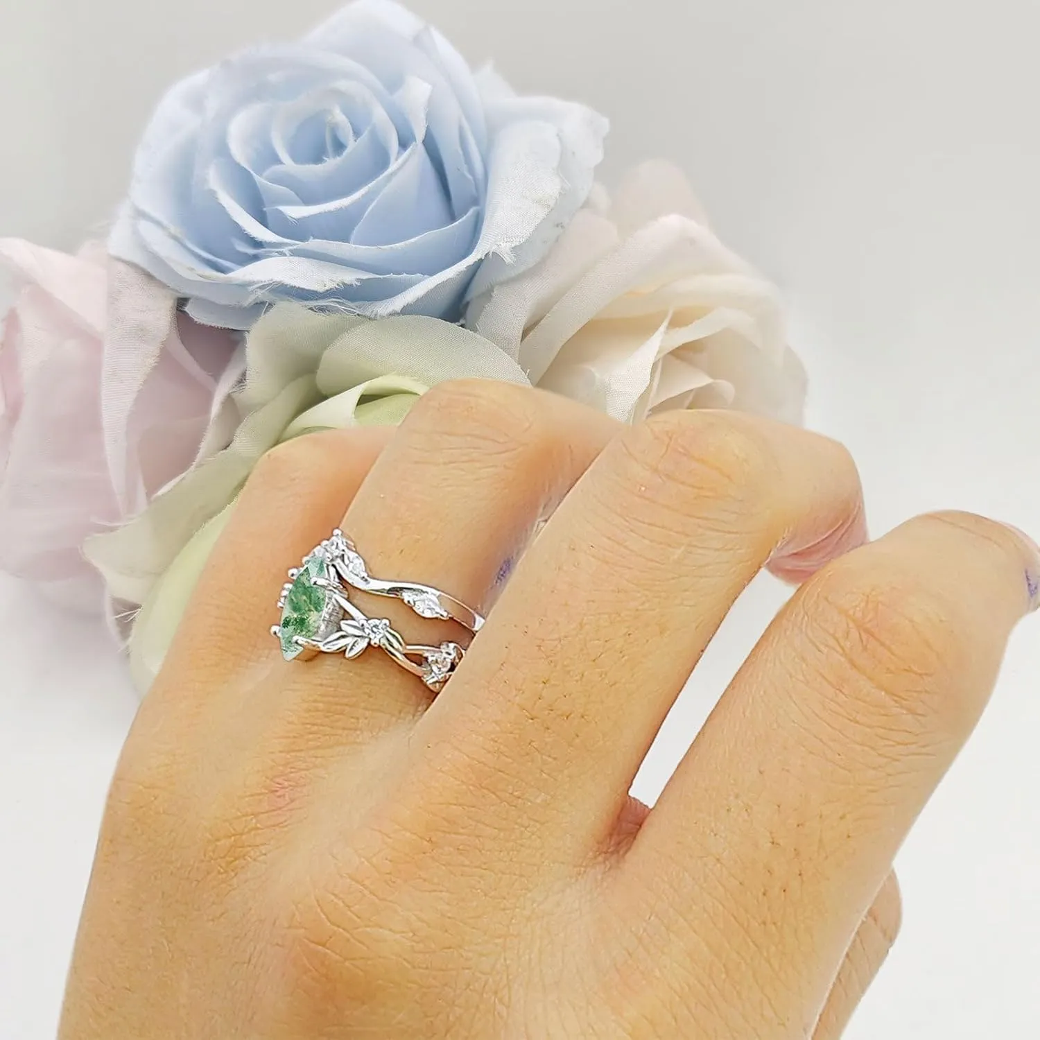 OMRANII Art Deco Marquise Natural Green Moss Agate Two Piece Vintage Style Leaf Floral Wedding Engagement Ring Solid 925 Sterling Silver