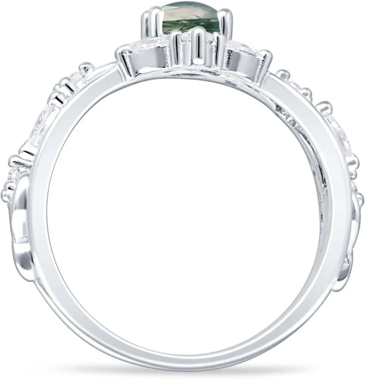 OMRANII Art Deco Marquise Natural Green Moss Agate Two Piece Vintage Style Leaf Floral Wedding Engagement Ring Solid 925 Sterling Silver