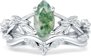 OMRANII Art Deco Marquise Natural Green Moss Agate Two Piece Vintage Style Leaf Floral Wedding Engagement Ring Solid 925 Sterling Silver