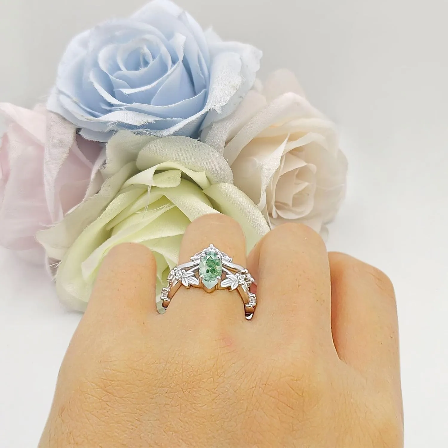 OMRANII Art Deco Marquise Natural Green Moss Agate Two Piece Vintage Style Leaf Floral Wedding Engagement Ring Solid 925 Sterling Silver