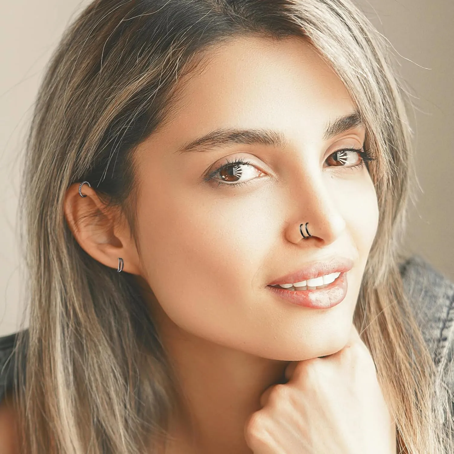ONESING 3Pcs Nose Rings Hoops 16G 18G 20G Hoop Nose rings for Women 316L Surgical Steel Nose Hoops Hinged Cartilage Conch Septum Rings Double Hoop Nose Rings Tragus Earrings Nose Piercing Jewelry 6-12mm