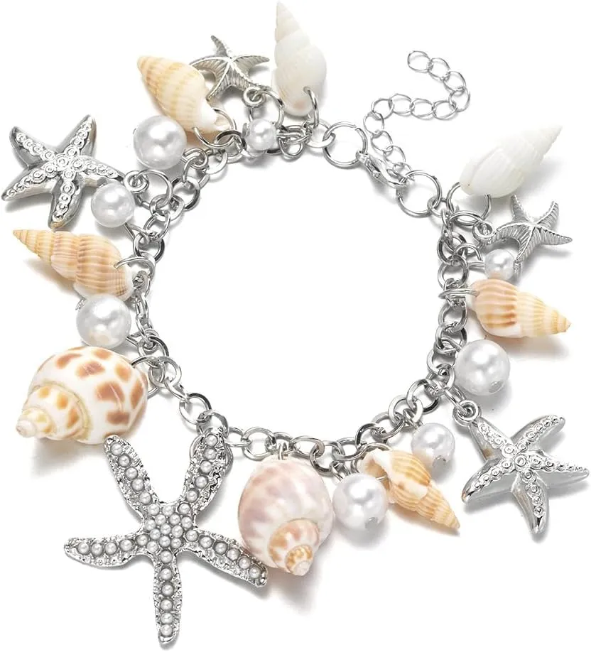 ONLYJUMP Sea Shell Starfish Bracelets for Women Trendy Ocean Charm Bracelet Gold Starfish Rudder Seashell Charm Pendant Link Bracelets Bohemian Hawaiian Summer Beach Bracelets Vacation Holiday Jewelry Gift