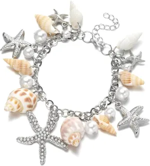 ONLYJUMP Sea Shell Starfish Bracelets for Women Trendy Ocean Charm Bracelet Gold Starfish Rudder Seashell Charm Pendant Link Bracelets Bohemian Hawaiian Summer Beach Bracelets Vacation Holiday Jewelry Gift