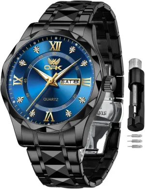 OPK Watches for Men Diamond Roman Analog Mens Watches Waterproof Large Stainless Steel Men Wrist Watch Business Father Gift Watch Blue