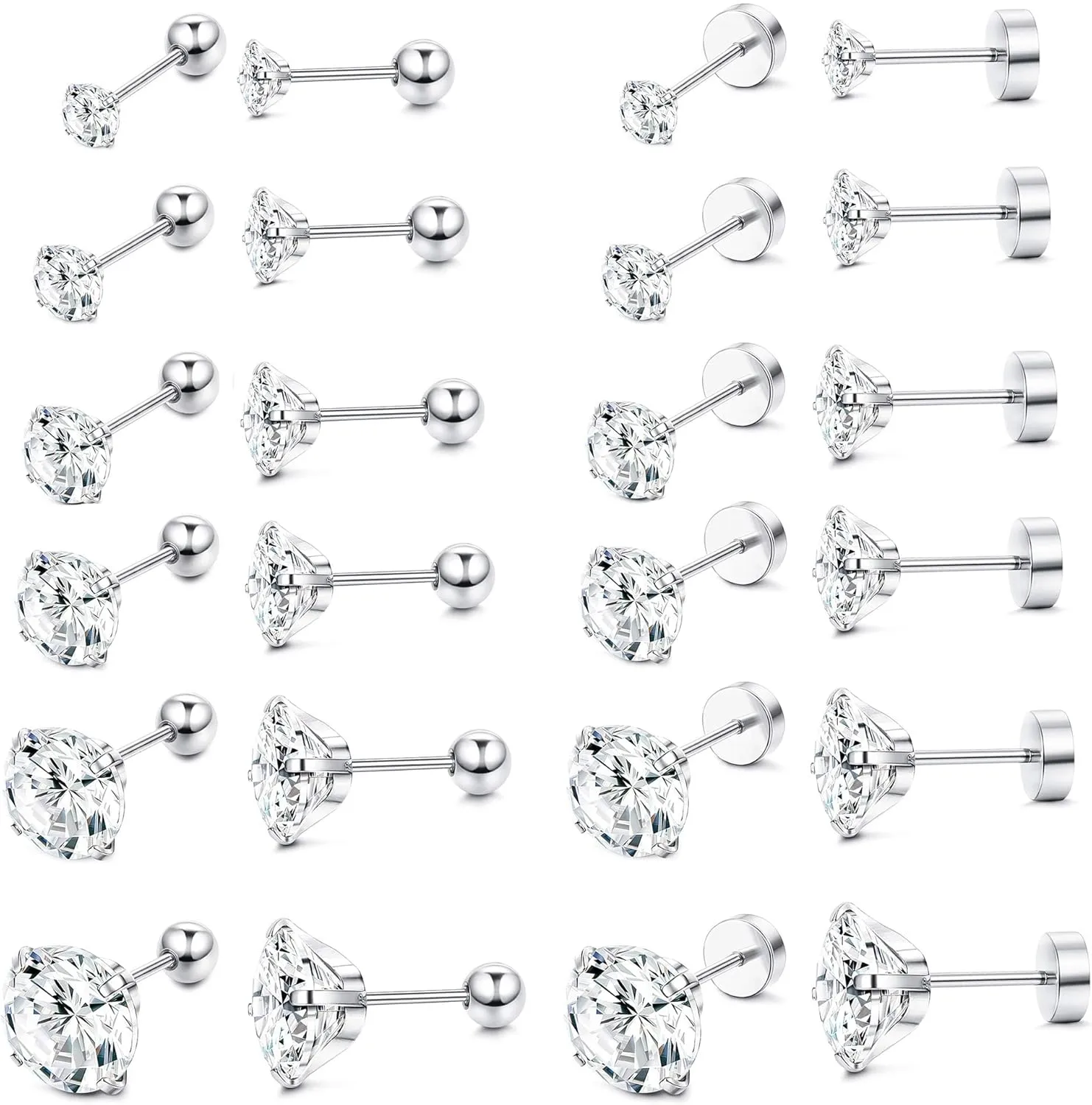 ORAZIO 6Pairs Hypoallergenic Flat Back Earrings 316L Stainless Steel Studs for Sensitive Ears, 3-8mm Cubic Zirconia, Stylish Jewelry for Women Men - Silver