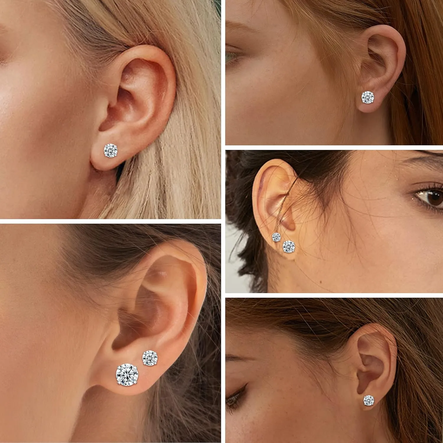 ORAZIO 6Pairs Hypoallergenic Flat Back Earrings 316L Stainless Steel Studs for Sensitive Ears, 3-8mm Cubic Zirconia, Stylish Jewelry for Women Men - Silver