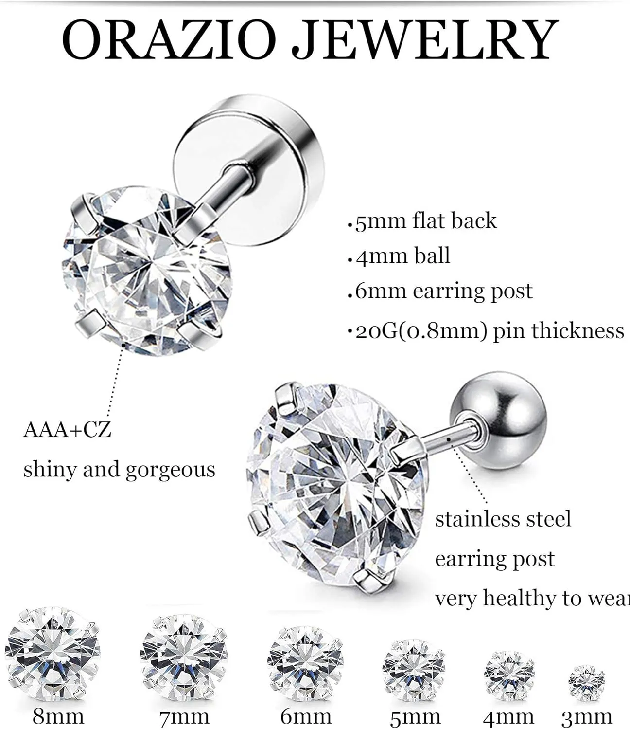 ORAZIO 6Pairs Hypoallergenic Flat Back Earrings 316L Stainless Steel Studs for Sensitive Ears, 3-8mm Cubic Zirconia, Stylish Jewelry for Women Men - Silver
