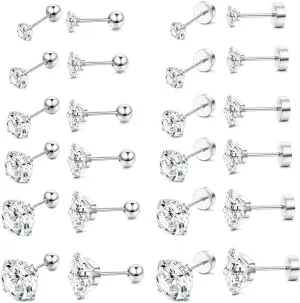 ORAZIO 6Pairs Hypoallergenic Flat Back Earrings 316L Stainless Steel Studs for Sensitive Ears, 3-8mm Cubic Zirconia, Stylish Jewelry for Women Men - Silver