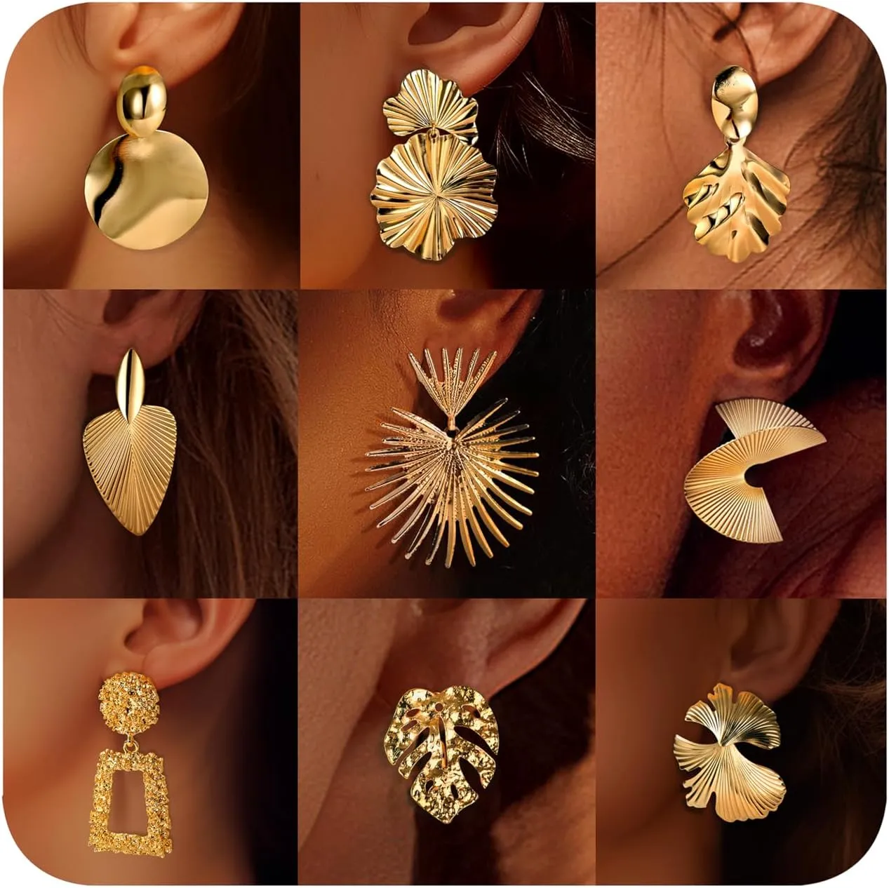 ORAZIO 9 Pairs Clip on Earrings Gold Statement Earrings for Women Exaggerated Trapezoid Dangle Clip on Earrings Gold Geometric Leaf Round Retro Drop Clip Earrings Unpierced Ears