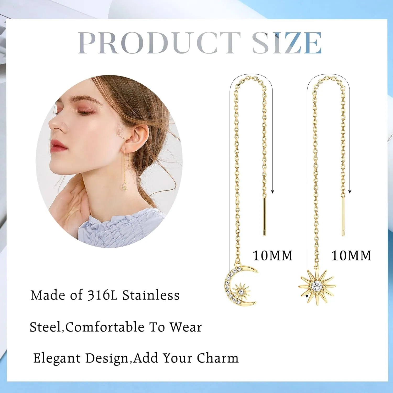 ORAZIO 9 Pairs Threader Earrings for Women Stainless Steel Chain Tassel Earrings Lightweight Double Twist Wave Heart Moon Leaf Threader Dangle Drop Earrings Minimalist Long Chain Earrings Set