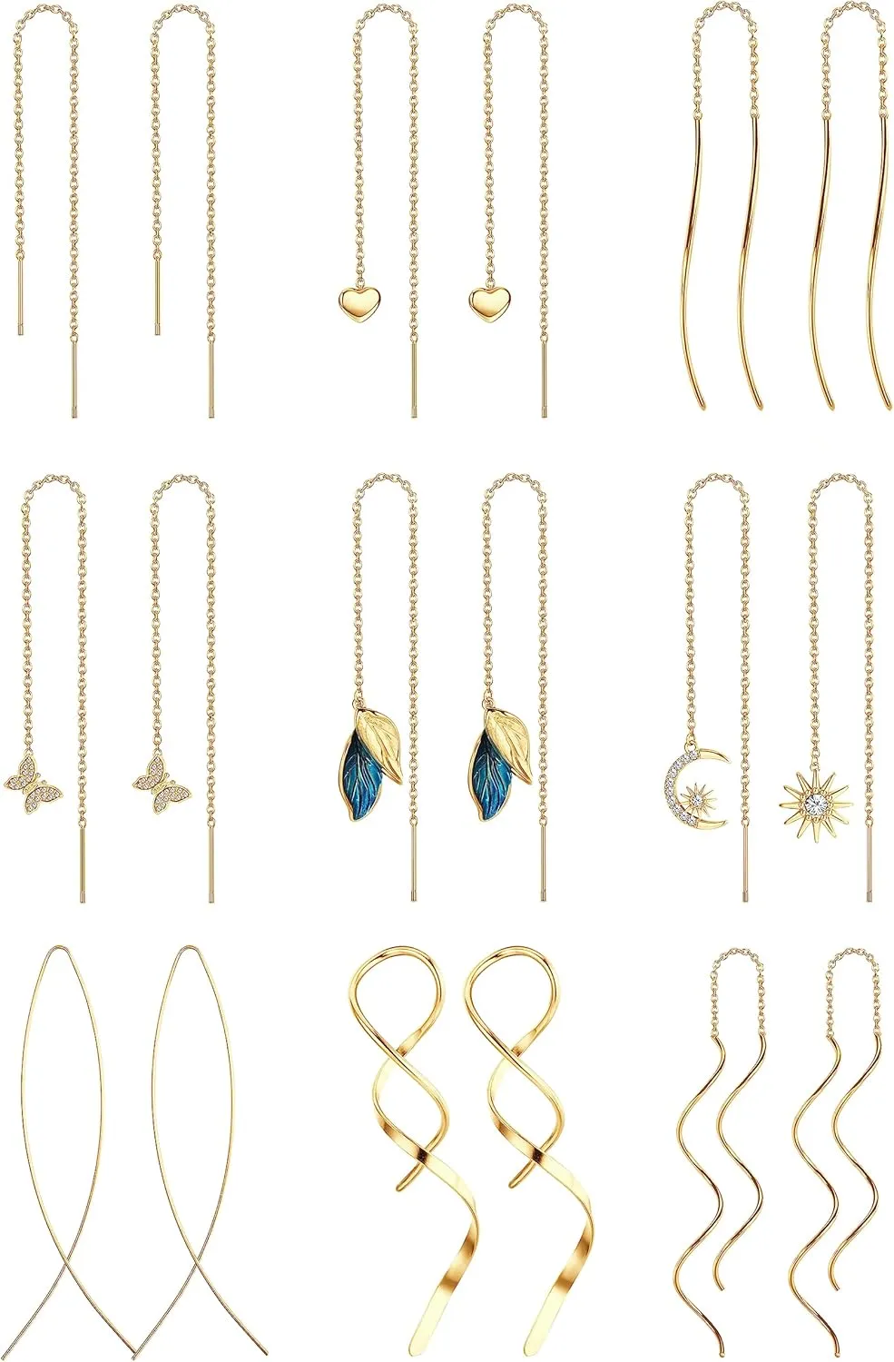 ORAZIO 9 Pairs Threader Earrings for Women Stainless Steel Chain Tassel Earrings Lightweight Double Twist Wave Heart Moon Leaf Threader Dangle Drop Earrings Minimalist Long Chain Earrings Set