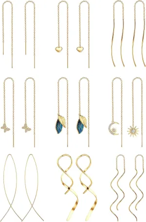 ORAZIO 9 Pairs Threader Earrings for Women Stainless Steel Chain Tassel Earrings Lightweight Double Twist Wave Heart Moon Leaf Threader Dangle Drop Earrings Minimalist Long Chain Earrings Set