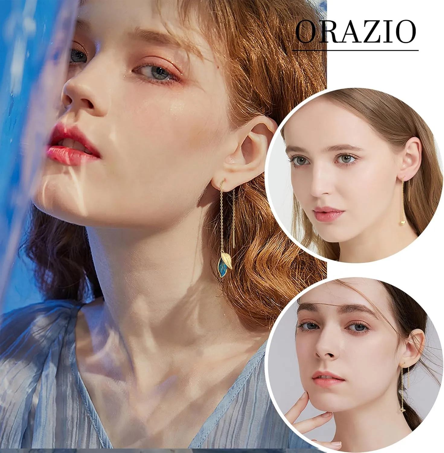 ORAZIO 9 Pairs Threader Earrings for Women Stainless Steel Chain Tassel Earrings Lightweight Double Twist Wave Heart Moon Leaf Threader Dangle Drop Earrings Minimalist Long Chain Earrings Set
