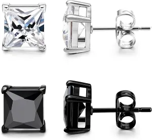 ORAZIO Black Silver Earrings for Men,Stainless Steel Cubic Zirconia Earrings 20G Mens Earrings Hypoallergenic CZ Earrings Studs Trendy Square Earring Studs Set 4-8MM