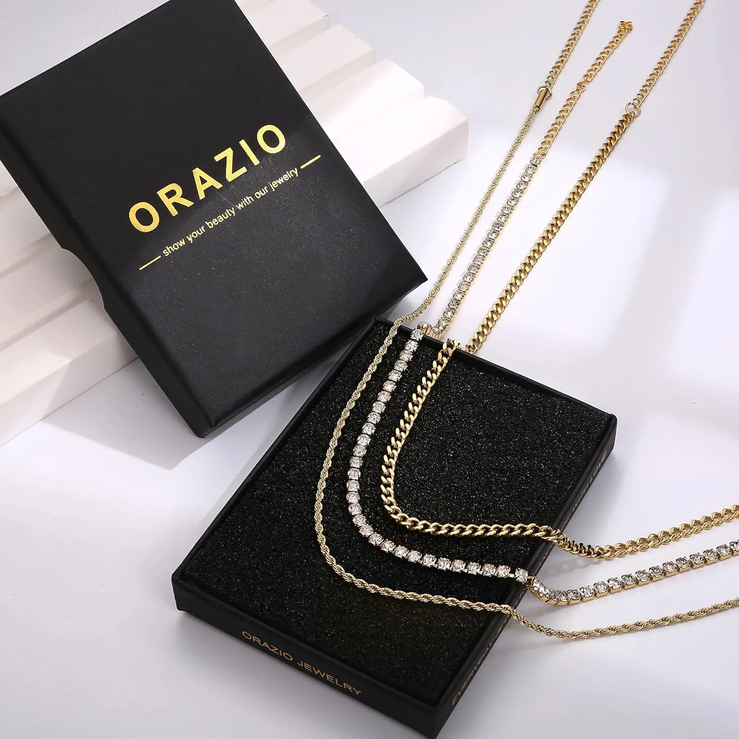 ORAZIO Gold Necklaces for Women,Layered Gold Necklaces Non Tarnish,14K Gold Plated Dainty Gold Necklace Stack,Cuban Link Paperclip Chain Toggle Clasp Necklace Fashion Waterproof Gold Jewelry for Women